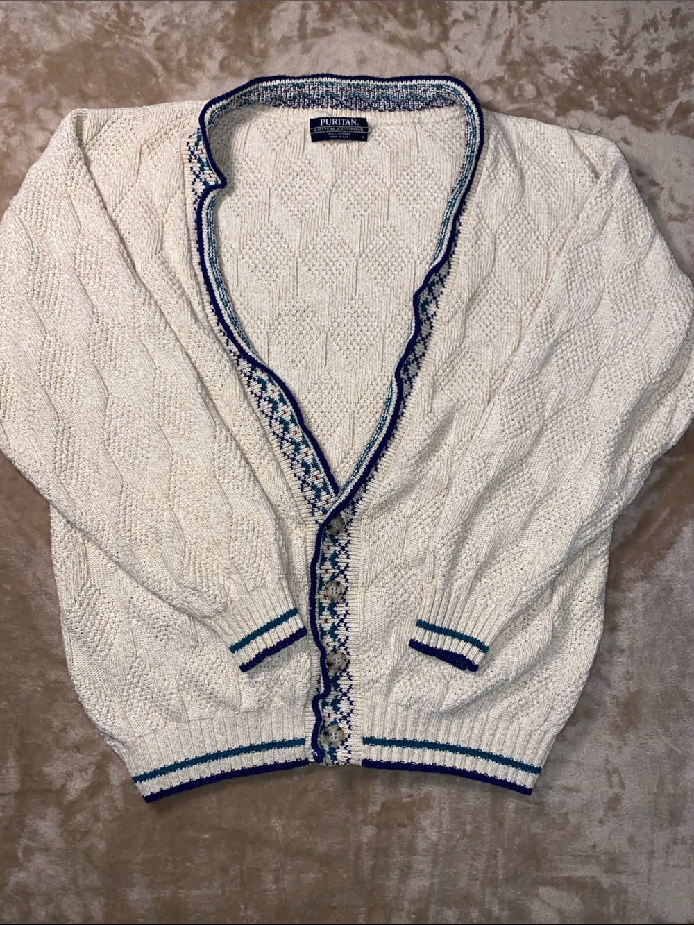 Puritan Cotton Cream Cable Cardigan with Blue Trim and Teal Accents Oversized
